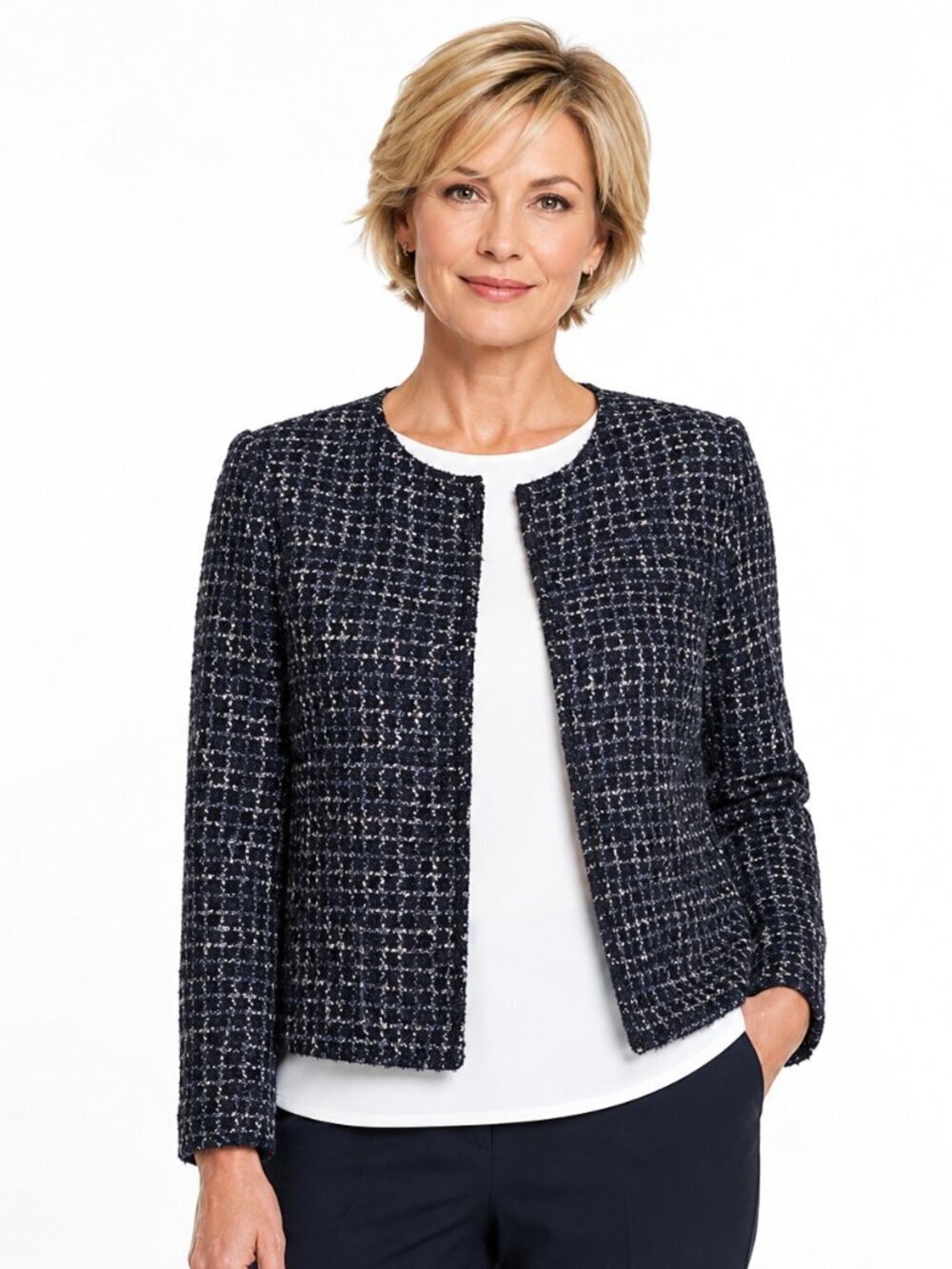 Lafayette 148 New York Dani Navy Blue White Tweed Jacket